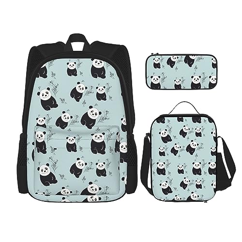 DOFFO Rucksack mit Cartoon-Pandabär-Aufdruck, Reise-Laptop-Rucksack für Damen und Herren, lässige Büchertasche mit Lunch-Tasche, Federmäppchen, 3-teilig, Schwarz, Einheitsgröße, Schwarz ,