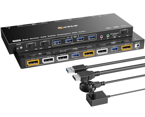 Voice Controlled DisplayPort KVM Switch 2 PC 2 Monitore 8K@30Hz 4K@144Hz,ESKEVE Dual Monitore KVM Switch MIT Audio and 4 USB 3.0 Port for Earphone Keyboard Mouse, Support KVM Mode and USB Mode