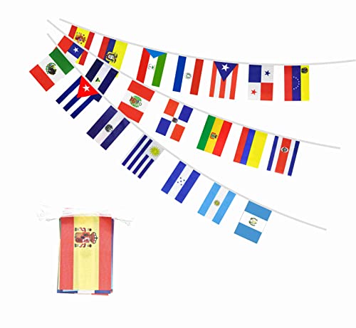 XCFH Spanisch sprechende 21 Länderflaggen, Banner, Schnur, kleine Lateinamerika-Flaggen für Erbe, hispanische Monatsdekoration, 7,6 m, 21 Flaggen