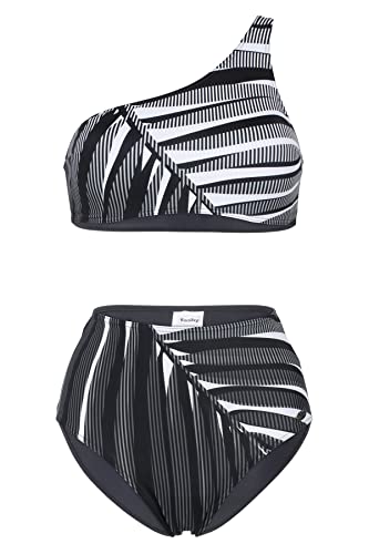 Fashy Damen Bikini One Shoulder, Black-White-Muster aus recyceltem Material