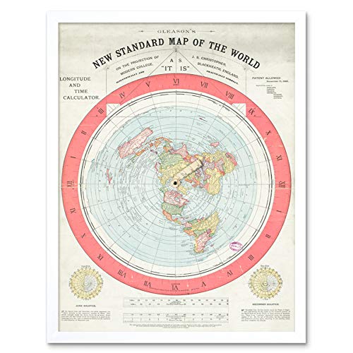 Map Gleason 1892 World Time Calculator Flat Earth Art Print Framed Poster Wall Decor 12x16 inch Karte Welt Wand Deko