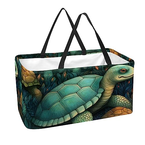 Wiederverwendbare Einkaufstaschen Boxen Aufbewahrungskorb, Meeresschildkröte Farbiges Muster Faltbare Utility Tragetaschen mit langem Griff