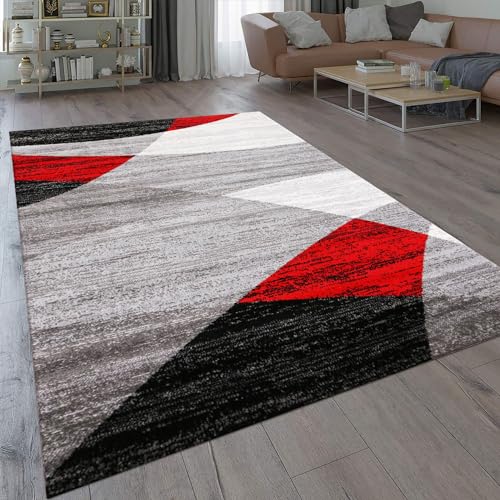VIMODA Wohnzimmer Teppich Modern Geometrisches Muster Gestreift Meliert in Rot Grau Weiß Schwarz I ÖKO TEX Zertifiziert I, Maße:120 x 170 cm