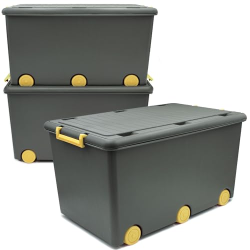 Babykajo 3 Aufbewahrungsboxen mit Deckel und Rollen 50L - Stapelboxen mit Deckel undurchsichtig - Plastikbox mit Deckel zum verschließen- Kisten Aufbewahrung mit Deckel