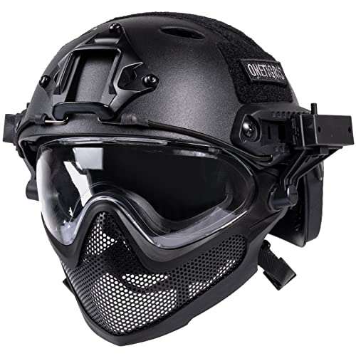 OneTigris Taktischer Helm mit Stahlmaske und Schutzbrille All-In-One Integrierter Schneller Helm für Softair Paintball Airsoft | EN166:B konform | Größe L | Größe L (Schwarz)