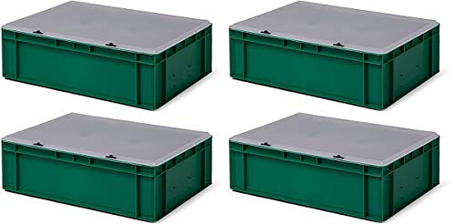 4 Stk. Transport-Stapelkasten TK617-TD, grün, mit transparentem Deckel, 600x400x186 mm (LxBxH), aus PP, Volumen: 33 Liter, Traglast: 45 kg, lebensmittelecht