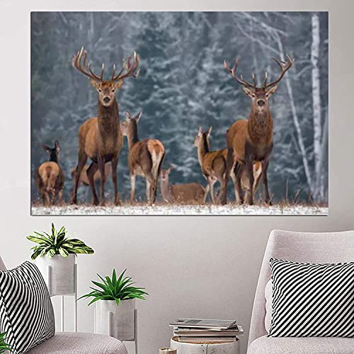 Wandmalerei 70x90cm rahmenlos moderne Tier Winterlandschaft mit Hirsch Bild Wandkunst Poster und Drucke für die Wohnzimmerdekoration