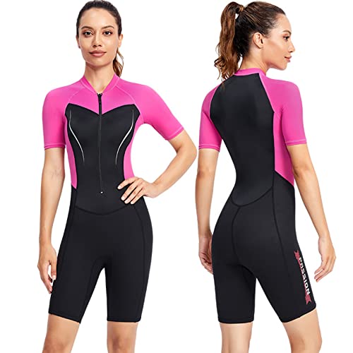 Neoprenanzug Herren Kurz, 1.5mm Taucheranzug Damen mit Frontverschluss, Ultra-Stretch Neopren Nassanzüge für Spearfishing, Schnorcheln, Surfen, Kanufahren,Women pink,M