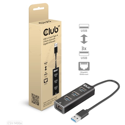Club 3D CSV-1430A USB 3.2 Gen1 Typ-A, 3 Ports Hub mit Gigabit Ethernet