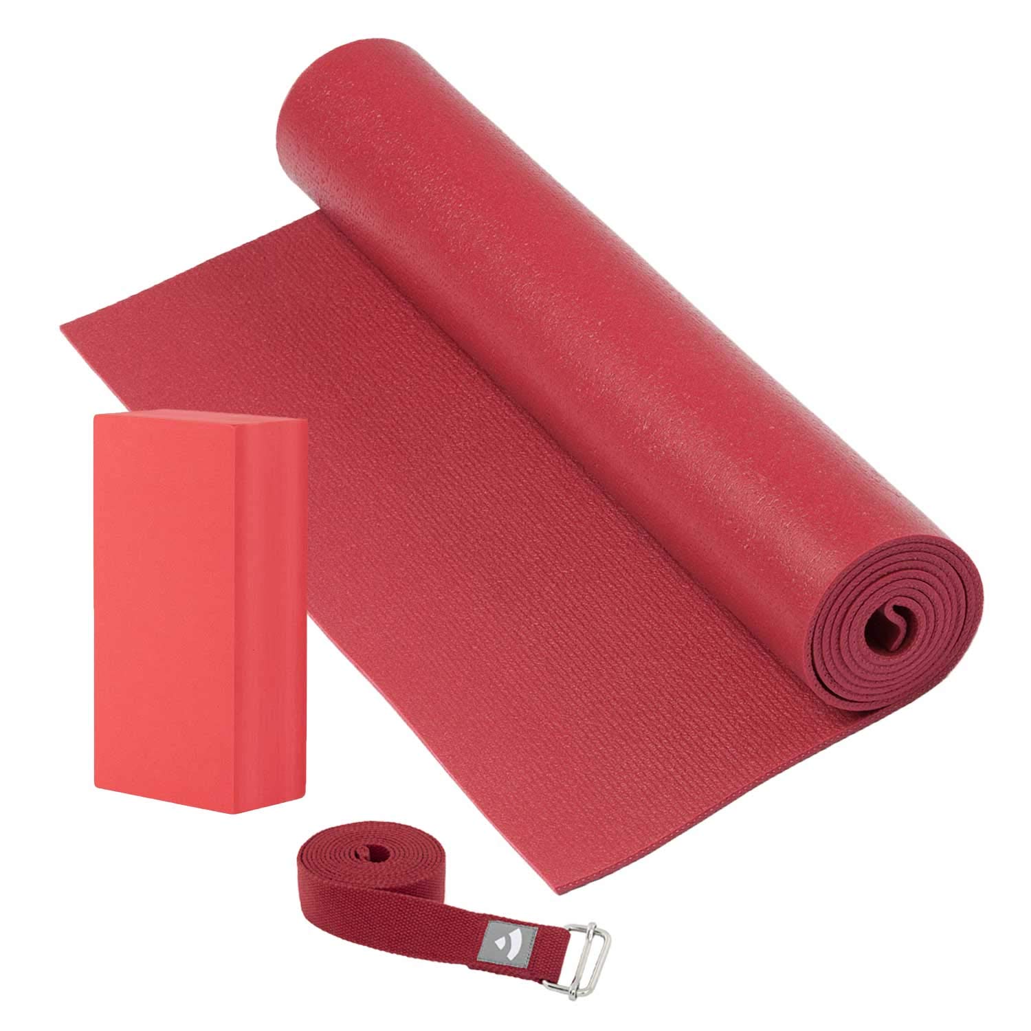 Yogamatte (4,5 mm), bordeaux/wein-rot im Set mit Yoga Block und Yogagurt, strapazierfähige Yogamatte aus PVC, Komplett-Set, Yoga Set