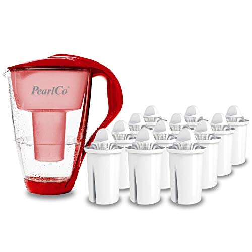 PearlCo - Glas-Wasserfilter (rot) mit 12 classic Filterkartuschen - passt zu Brita Classic