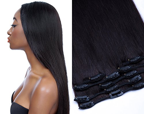 Echthaar Clip In Extensions Set 100% indisches Remy Echthaar 7 teilig / 7 Tressen hochwertige Haarverlängerung 45cm Clip-In Hair Extension Farbe (Nr. 1b Schwarz/Dunkelbraun)