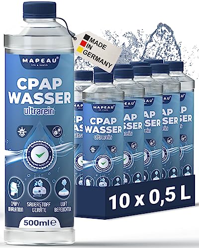 CPAP destilliertes Wasser für CPAP Gerät, keimreduziert Wasser für Sauerstoffkonzentrator, Inhalator, Luftbefeuchter, Atemgas-Befeuchtung, Mapeau (10x 500ml)