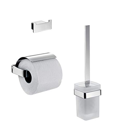 emco 059800100 Loft WC 3-teiliges Badaccessoire-Set inkl. Handtuchhaken, Papierhalter mit Deckel, Toilettenbürstengarnitur 3 in 1 perfekt für jedes Bad, Chrom