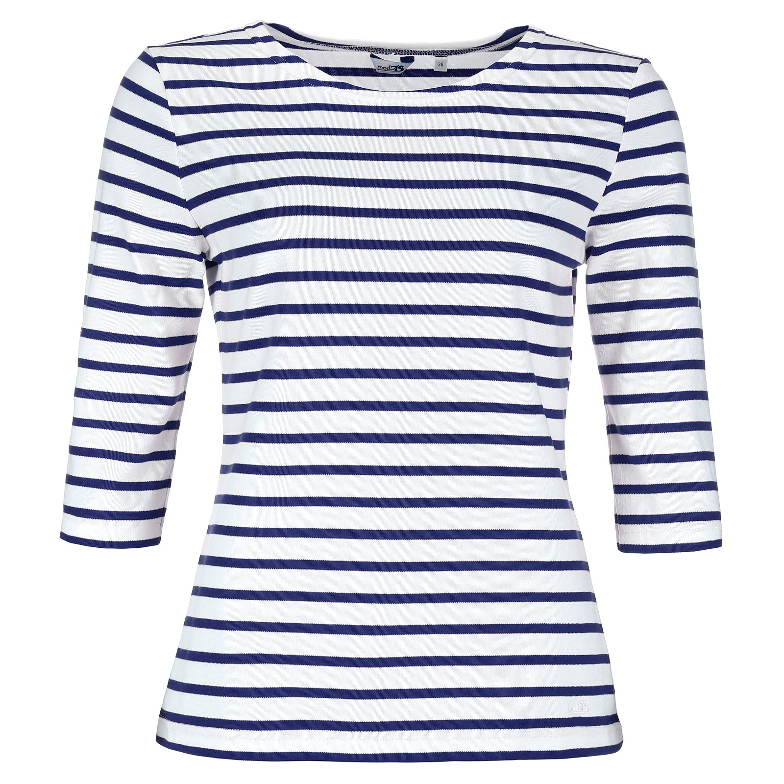 modAS Bretonisches Damenshirt mit 3/4-Arm - Streifenshirt Ringelshirt Basic Shirt Gestreift aus Baumwolle in Weiß/Blau Größe 52
