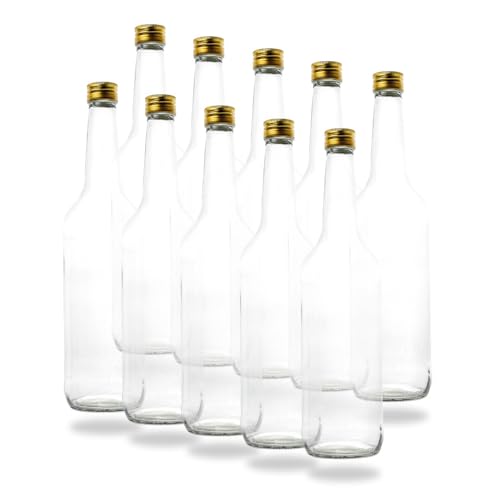 10 Leere Glasflaschen 700 ml 0,7 Liter mit PP28 Schraubverschluss Gold – verwendbar als Schnapsflaschen, Likörflaschen 700ml, Leere Weinflaschen, Essig und Öl Flaschen Set