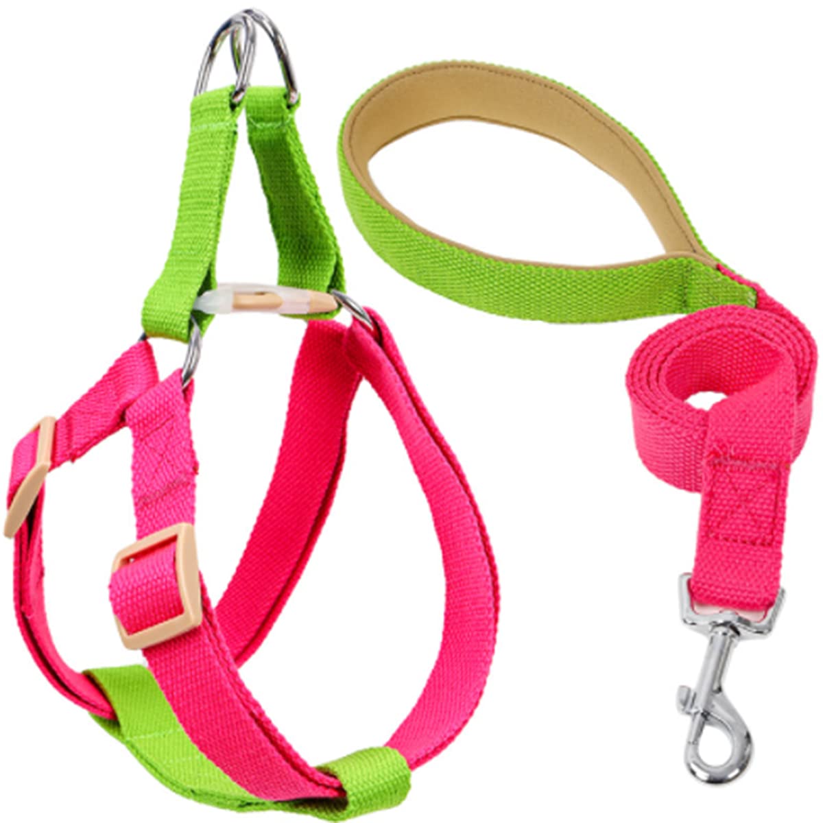 Hundegeschirr mit Leine, Verstellbare Heavy Duty No Pull Halfter Harness Har mit starkem Griff für kleine Welpen/Hunde (Grüne Rose Rot, L)