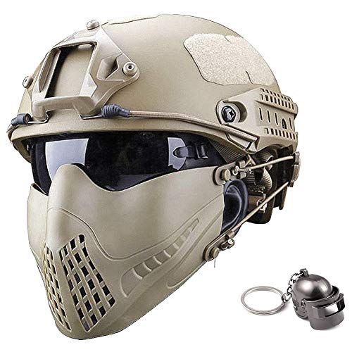 WLXW AF-Version Airsoft-Helm Mit Zwei Tragemodi (Helm und Kopf) Klappmaske Und Schutzbrille, Geeignet Für Paintball BB Gun Shooting Protection,Tan