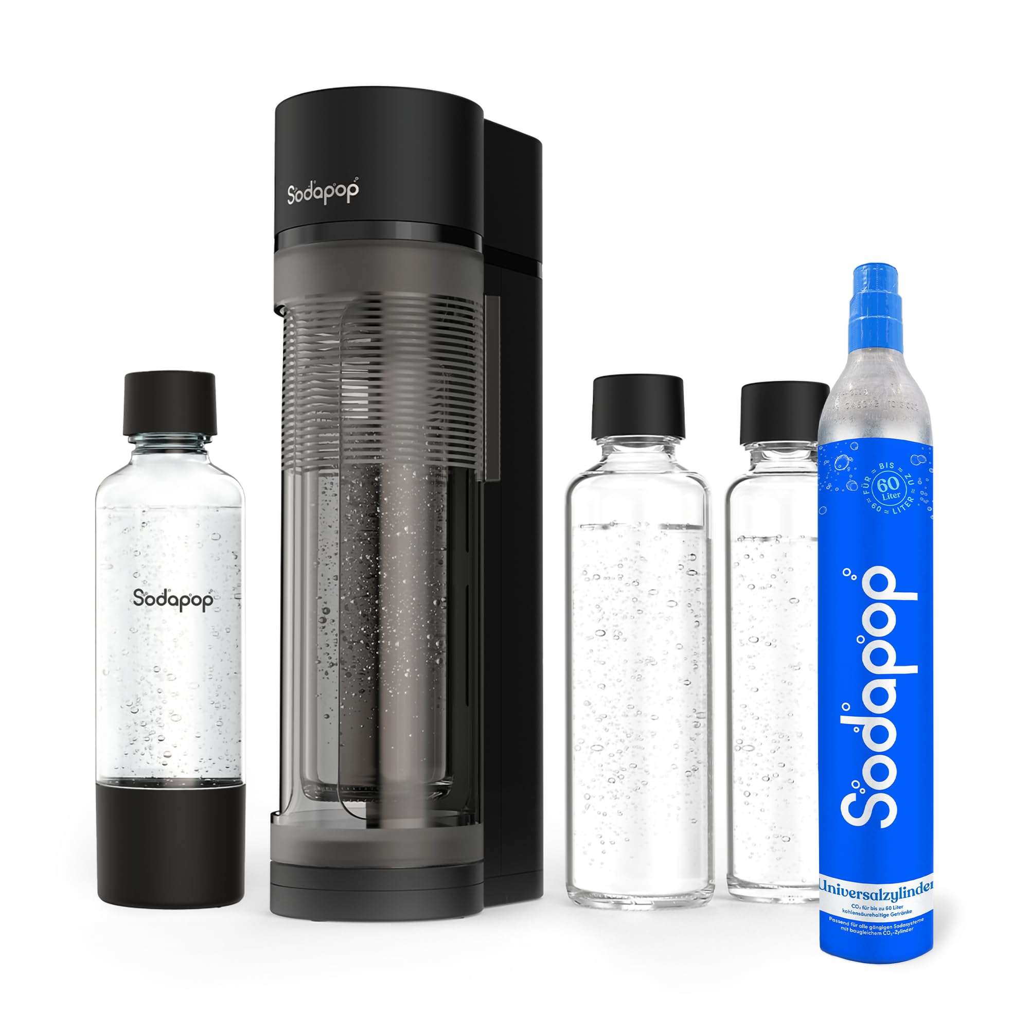 Sodapop Wassersprudler Logan Starterset mit CO₂-Zylinder, inkl. 2 Glasflaschen (850 & 600 ml) und 1 PET-Flasche (850 ml), Matt Schwarz, Höhe 42,6 cm