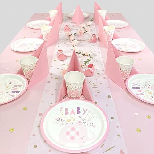 Geburtstagsfee Babyparty und Baby Shower Tischdeko Set für Mädchen für 8 Gäste mit Becher, Teller, Servietten, Trinkhalmen, Tischläufer und mehr… (Rosa Elefant)…