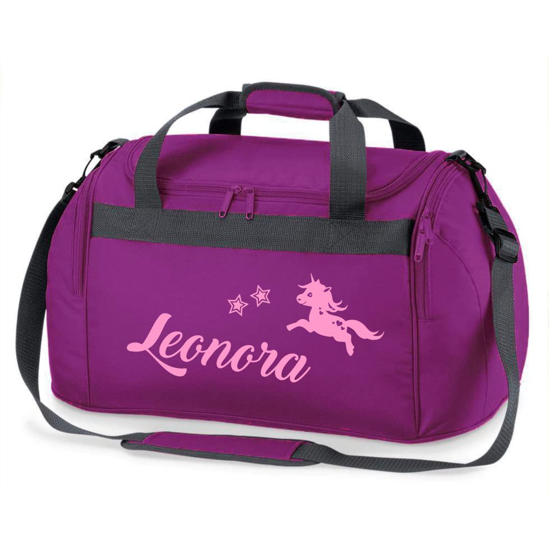 Sporttasche Mädchen mit Namen |springendes Einhorn und Sterne | Personalisierbare und Bedruckte Reisetasche Duffle Weekender Bag (lila)