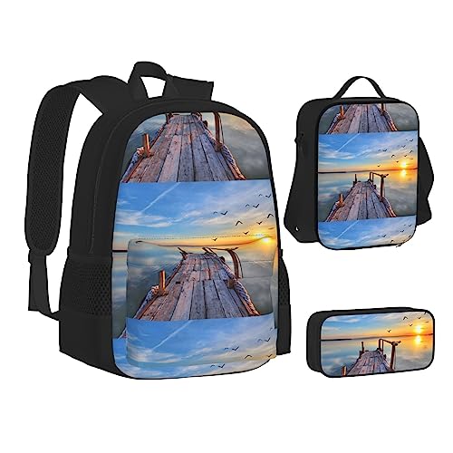 JCAKES Kinder Schultasche Rucksack Sonnenuntergang Landschaft Reise Tagesrucksack Lunchtasche Federmäppchen 3 in 1 Rucksäcke Sets Schwarz, Schwarz , Einheitsgröße, Kinderrucksack