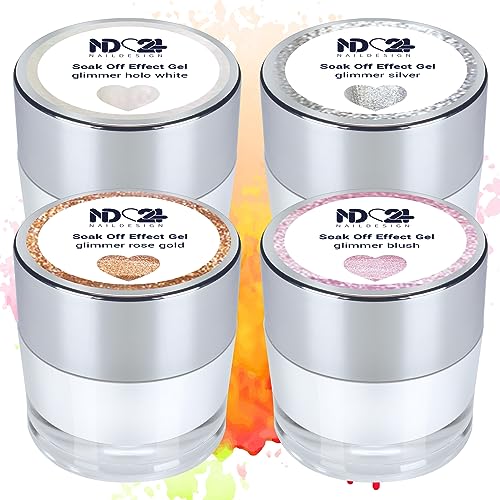 ND24 NailDesign Premium Bundle Glimmer Soak Off Gel Collection High Pigmented Hochpigmentiert UV LED Gellack - Satte Farbe Lange Haltbar - Easy Peel Off Ablösen mit Cream Remover - 4 x 10g