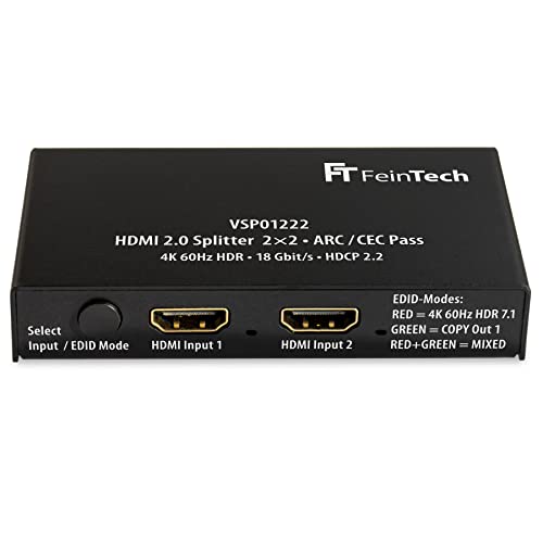 FeinTech VSP01222 HDMI 2.0 Splitter 2 Eingänge 2 Ausgänge Scaler ARC Pass für AV-Receiver 4K 60Hz HDR
