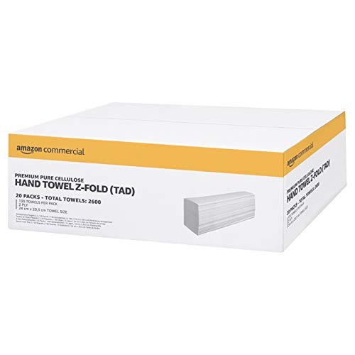AmazonCommercial 2-lagig Papierhandtücher, Z-Falz, hochwertig, reine Zellulose(TAD), 2600Stück, 20 Packungen mit 130 Blatt, Weiß