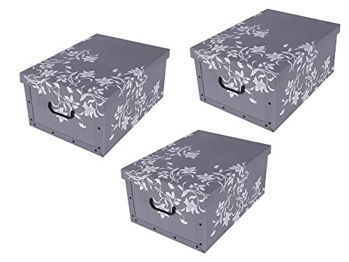 3 Stück XXL Dekokarton mit modernem Muster"Barock Blumen Grau" - Tolles Motiv, passt in jeden Haushalt! Edel und hochwertig! Mit Griffen zum Tragen und XXL Volumen!