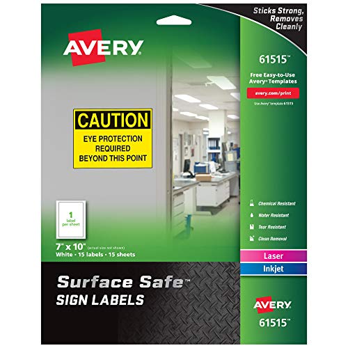 Avery Surface Safe Sicherheitsschild-Etiketten, bedruckbar, sauber entfernbar, wasserabweisend, 17,8 x 25,4 cm, 15 Stück (61515)