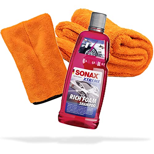 detailmate Auto Wasch- und Trockenset: SONAX Xtreme RichFoam Autoshampoo 1000ml + Präzisionshandschuh + Liquid Elements Orange Baby XL für die optimale Handwäsche