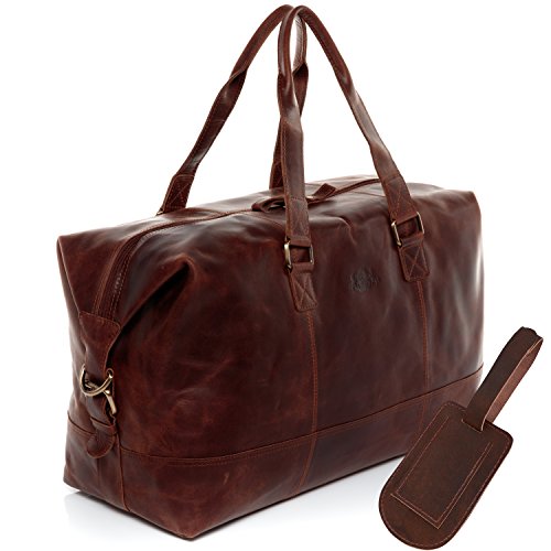 SID & VAIN Reisetasche mit Adressanhänger Yale aus Premium Leder I Sporttasche groß für Herren und Damen I Weekender Kabinengröße braun handgefertigt
