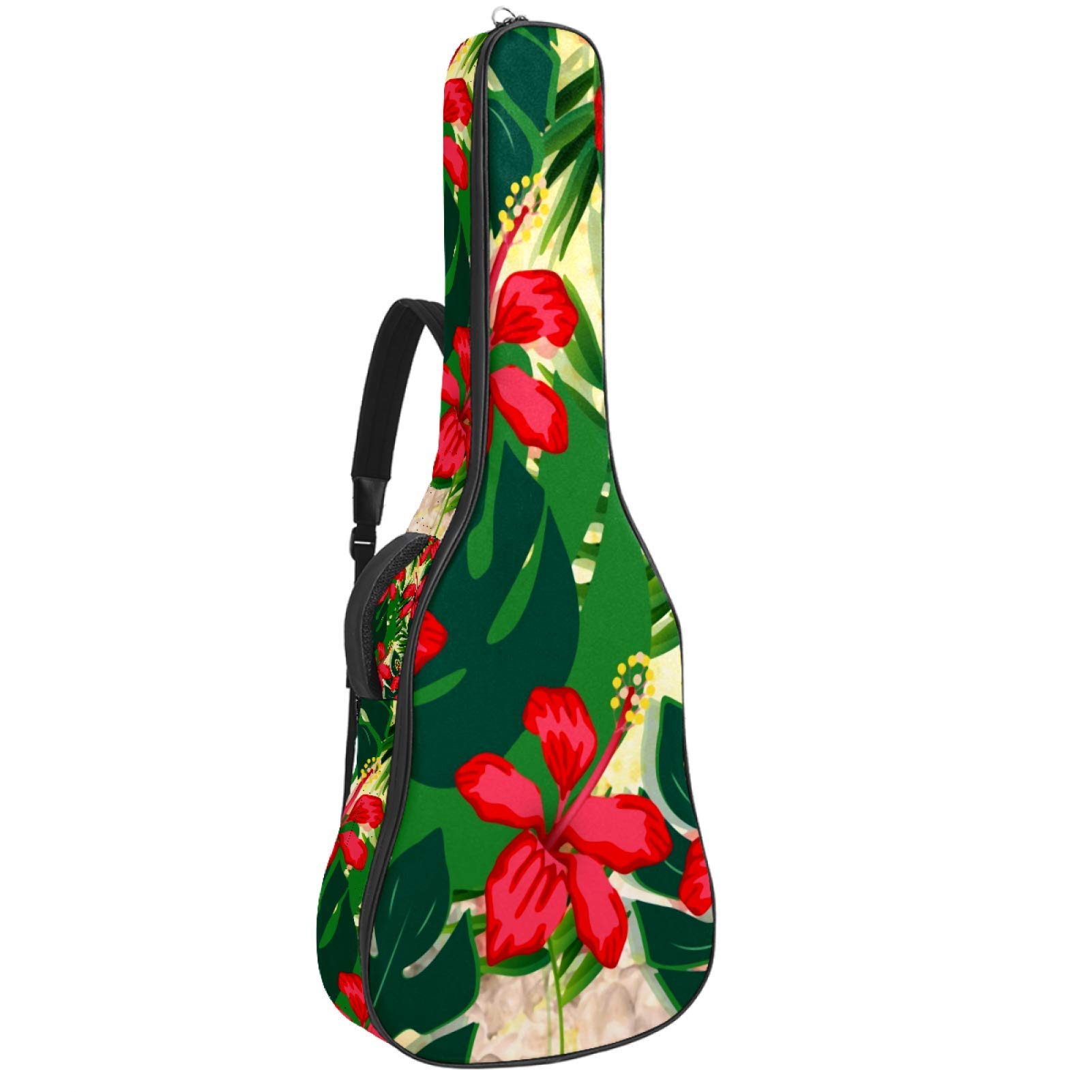 Gitarren-Gigbag, wasserdicht, Reißverschluss, weicher Gitarren-Rucksack, Bassgitarre, Akustik- und klassische Folk-Gitarren-Tasche, chinesische Rose, rote tropische Blätter