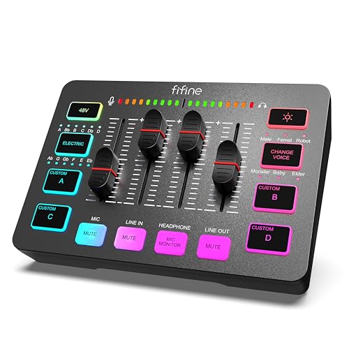 FIFINE Gaming Audio Mixer, Streaming RGB PC Mixer mit XLR Mikrofon Interface, individuelle Steuerung, Lautstärkeregler, Stummschaltungstaste, 48V Phantomspeisung, für Podcast, Aufnahme, Gesang