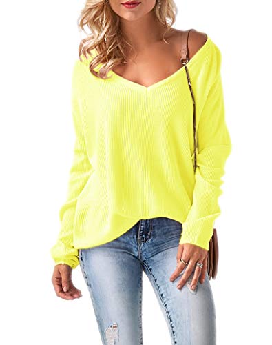 Mikos* Damen Frauen Off Shoulder Langarm Frühling Sommer Pullover Strickpullover Pullover Baggy V-Ausschnitt (694) (Neon Gelb)