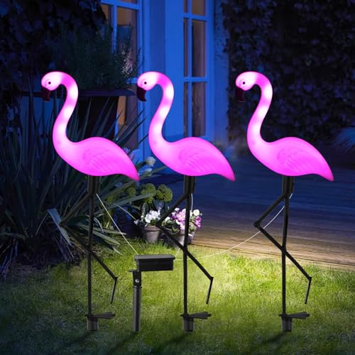 3 x Flamingo-Solarleuchten, rosa Flamingo, solarbetriebene Glasfaser, dekorative Beleuchtung, Hofkunst, Gartendekoration, Einweihungsgeschenk, bestes Geschenk für Frauentag
