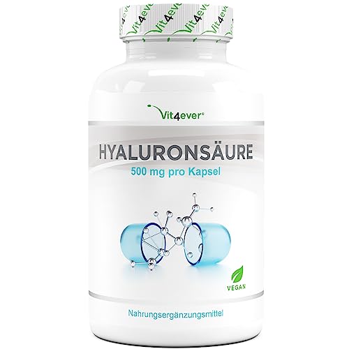 Hyaluronsäure - 180 Kapseln hochdosiert mit 500 mg - 500-700 kDa - Pflanzlich aus Fermentation - Laborgeprüft - Vegan