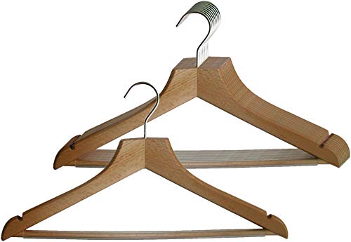 MAWA Kleiderbügel, 10 Stück, hochwertiger Holzbügel mit Rockeinkerbung und Steg, für Oberteile, Hosen und Röcke, 360° drehbarer Haken, Kleiderbügel aus Buchenholz, 45 cm, Natur