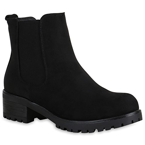 Damen Schuhe Chelsea Boots Wildleder-Optik Stiefeletten Leicht Gefüttert 151396 Schwarz Avelar 39 Flandell