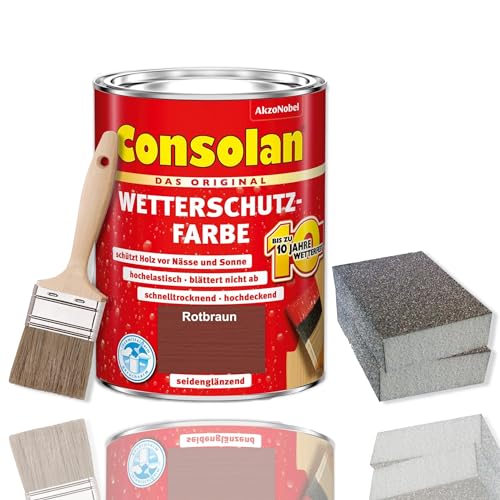 Consolan Wetterschutzfarbe 0,75 l Holzschutz Schleifen Pinsel Set (Rotbraun)