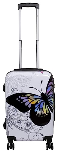 Trendyshop365 Handgepäck Koffer Hartschale Schmetterling 58 Zentimeter 36 Liter 4 Räder Weiß Printdesign Zahlenschloss