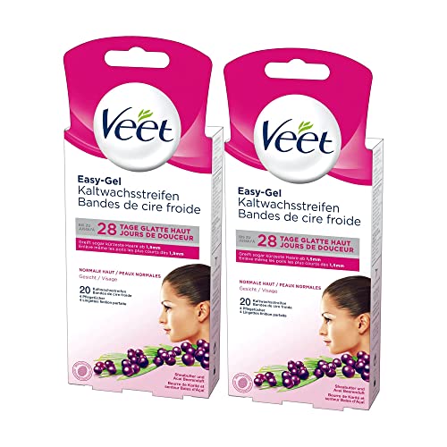 Veet Easy-Gel Kaltwachsstreifen - Geeignet für normale Haut - Anwendung für Gesicht - Bis zu 28 Tage glatte Haut – Minimum Inhaltsstoffen - 20 Doppelstreifen für 40 Anwendungen