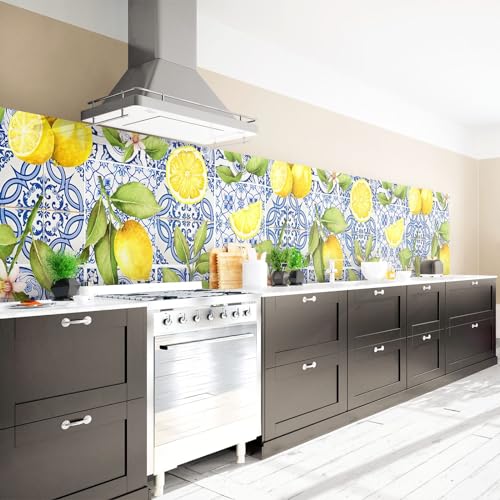 Arcondo Küchenrückwand Spritzschutz Selbstklebend mit Motiv Frische Zitronen mit Blättern Folie Premium Glanz 350 x 50 cm