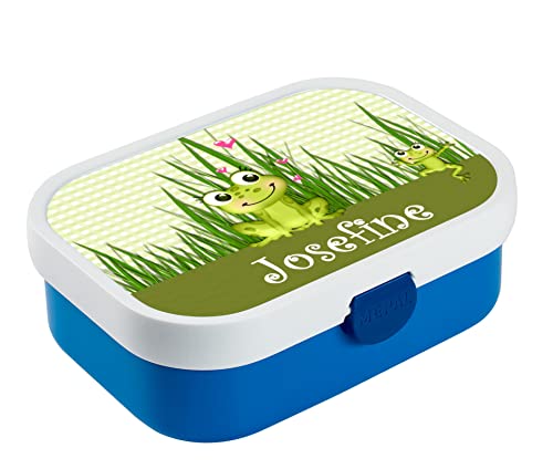 CreaDesign, Brotdose Kinder mit Fächern personalisiert Lunchbox blau mit Bento Einsatz, Brotbox mit Unterteilung Frosch
