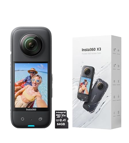 Insta360 X3-360 Grad wasserdichte Action-Kamera mit 1/2 Zoll Sensor, 5.7K 360, 72MP 360 Fotos, Stabilisierung, 2.3 Zoll Touchscreen, AI Editing, Webcam, Sprachsteuerung mit 64GB Memory ory-Karte