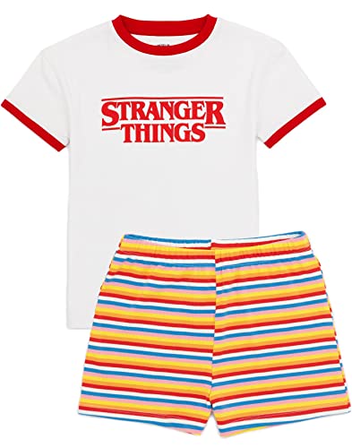 Stranger Things Kinder Kurzer Pyjama | Mädchen Max Character Outfit Gestreifte Shorts Weißes T-Shirt Pjs Set | Merchandise für Netflix-Serien