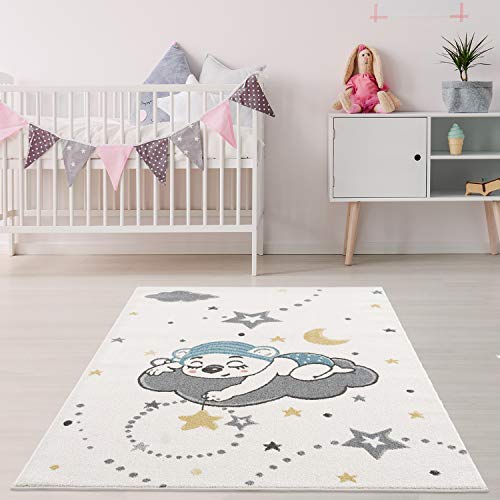 payé Teppich Rund Kinderzimmer - Cream - 160x160cm - Spielteppich Schlafender Süßer Kuschel Bär Wolken Mond und Sterne Kurzflor Kinderteppich - Oeko-Tex Standard 100