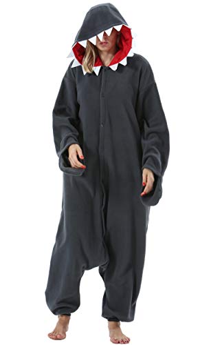ULEEMARK Damen Herren Jumpsuit Onesie Tier Fasching Halloween Kostüm Lounge Sleepsuit Cosplay Overall Pyjama Schlafanzug Erwachsene Unisex Schwarz Hai for Höhe 140-187CM
