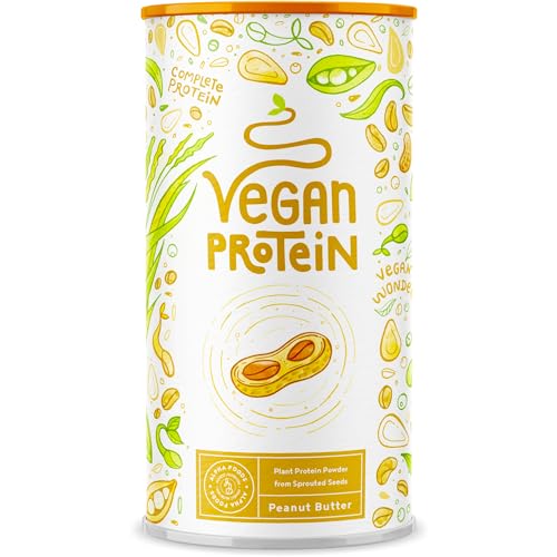 Vegan Protein ERDNUSSBUTTER - Pflanzliches Proteinpulver aus gesprossten Reis, Erbsen, Chia-Samen, Leinsamen, Amaranth, Sonnenblumen- und Kürbiskernen - 600 Gramm Pulver